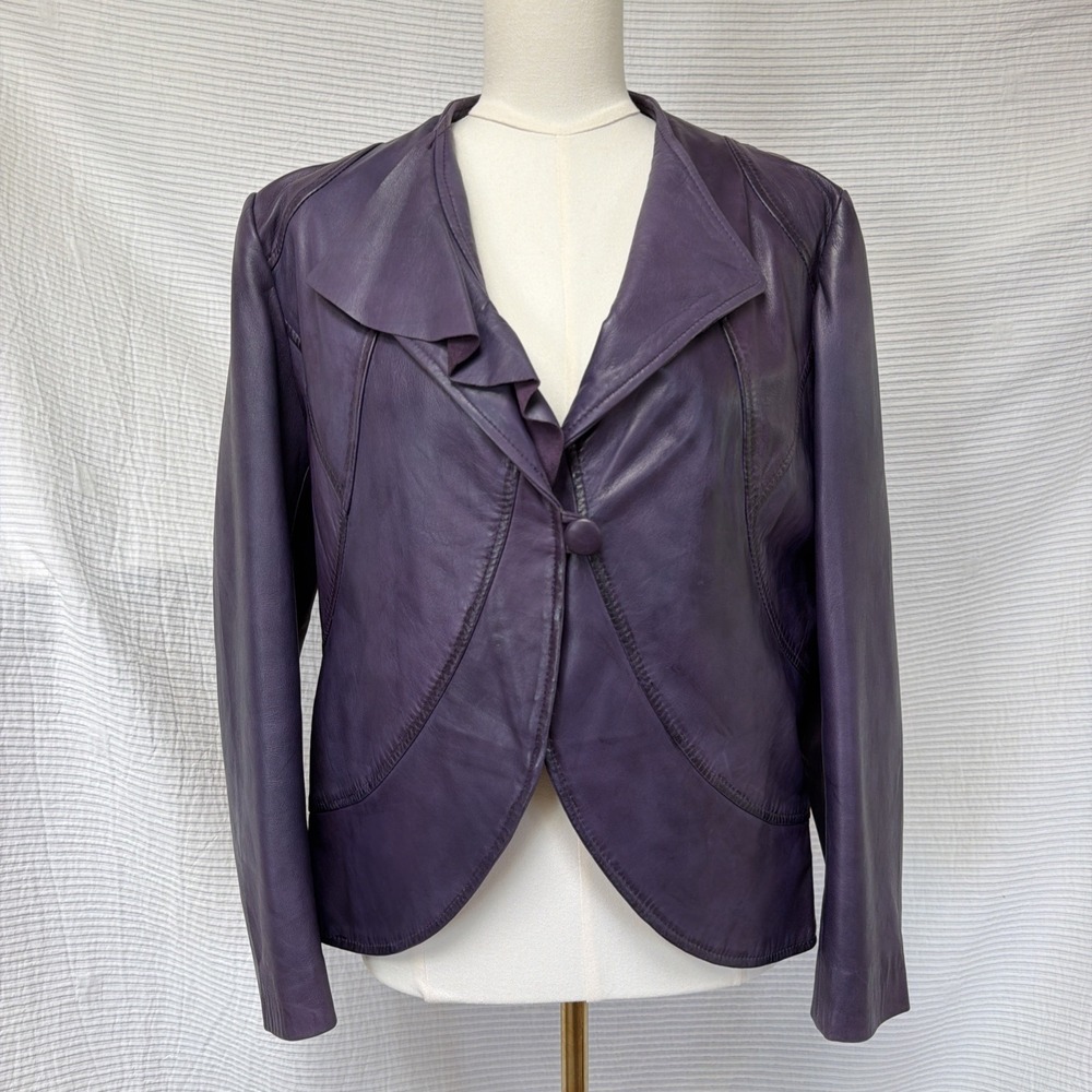 Vintage 80s 90s Soft Leather Short Jacket Medium Purple Satin Lining